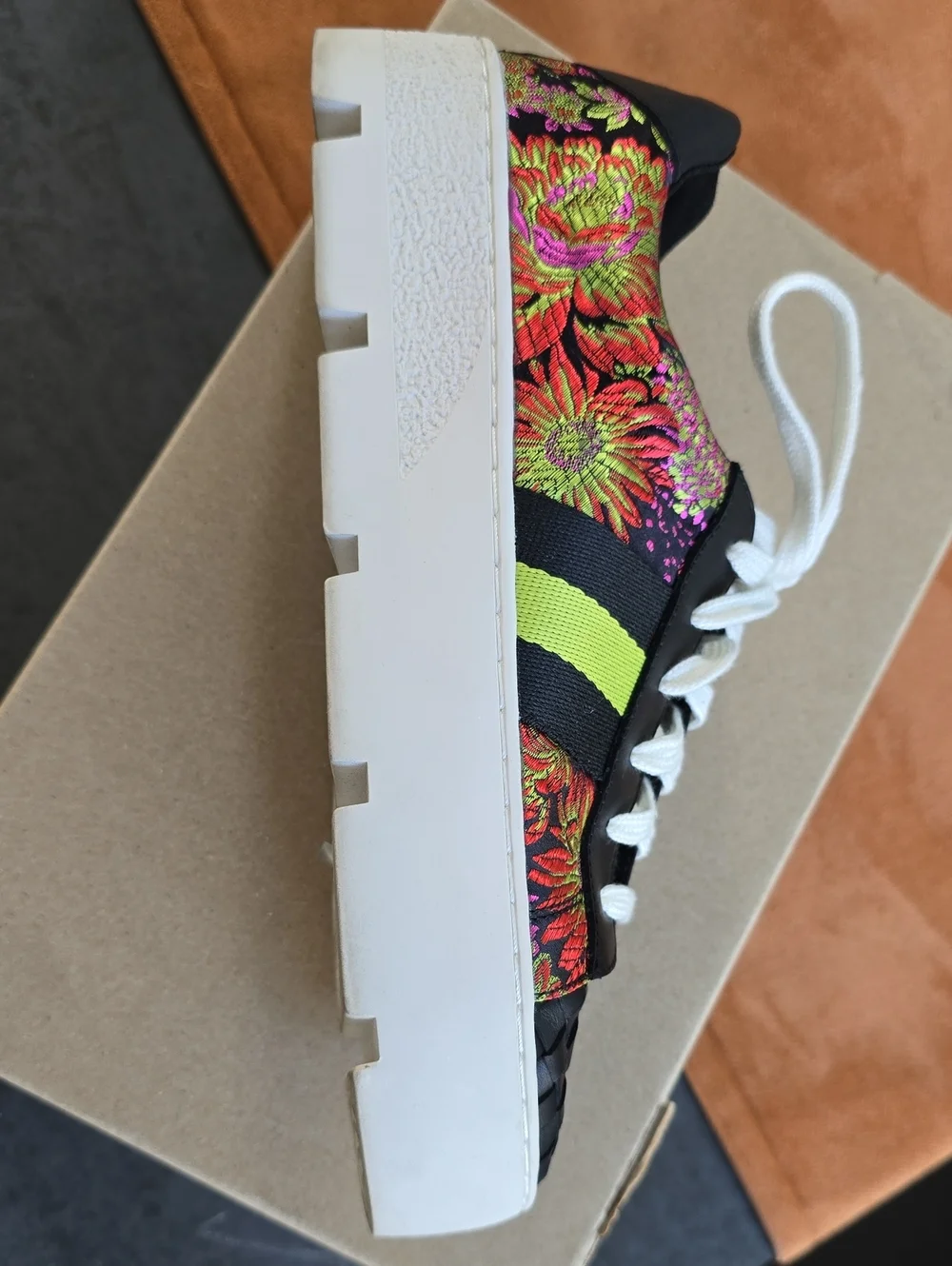 Johnny Was Black Floral Lace-Up Sneakers with Neon Yellow-Green Stripe